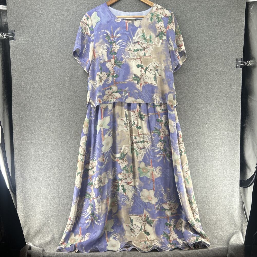 VTG Coldwater Creek Maxi Dress Womens 10 Purple Floral Short Sleeve Lined USA